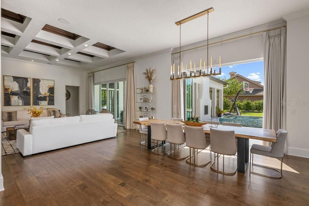 Dining room, Interior, Living room, Pendant Lights, Recessed Lighting, Wood Texture Flooring