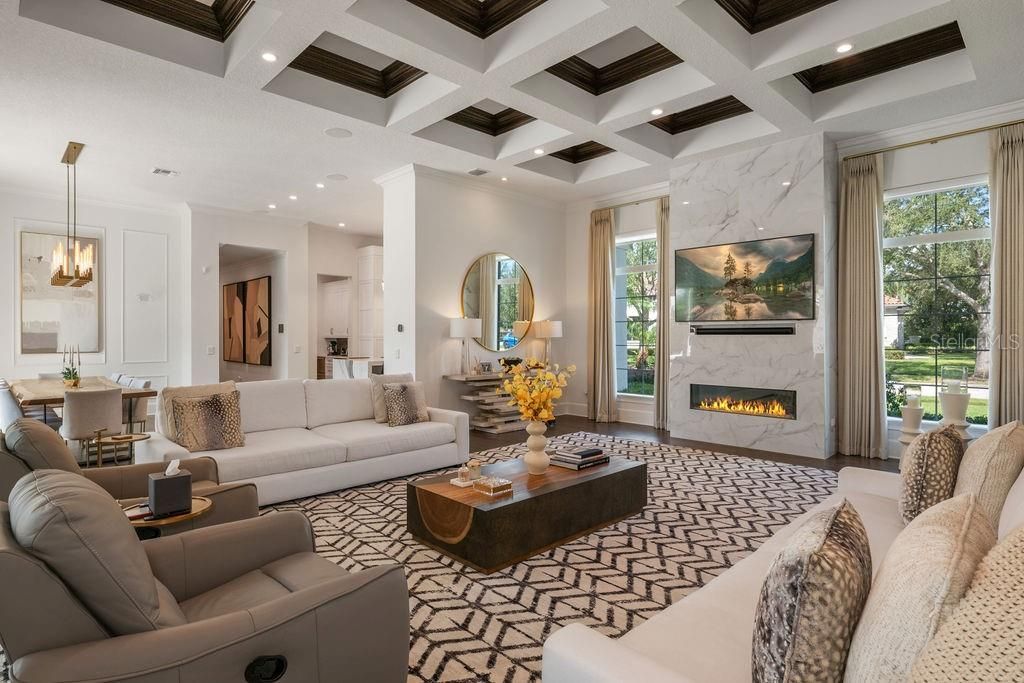 Dining room, Fireplace, Interior, Living room, Pendant Lights, Recessed Lighting