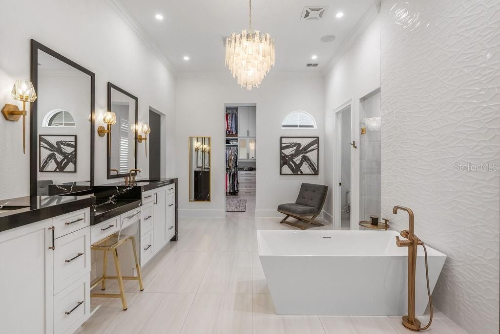 Bathroom, Chandelier, Dual Sink Vanities, Free Standing Baths, Interior, Recessed Lighting