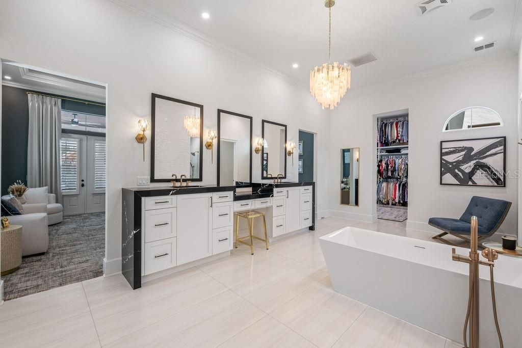 Bathroom, Chandelier, Dual Sink Vanities, Free Standing Baths, Interior, Recessed Lighting