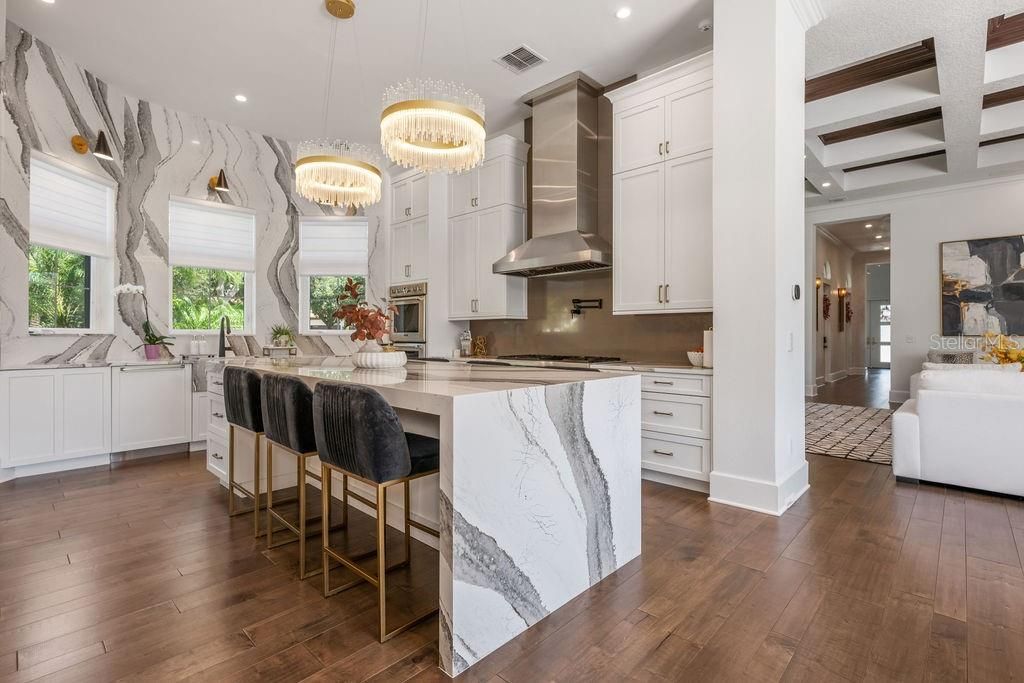Chandelier, Interior, Kitchen, Recessed Lighting, Stainless Steel Appliances, Wood Texture Flooring