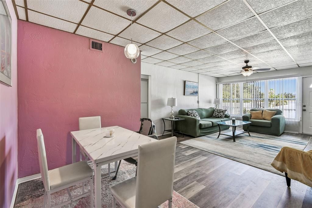 Dining room, Interior, Living room, Pendant Lights, Wood Texture Flooring