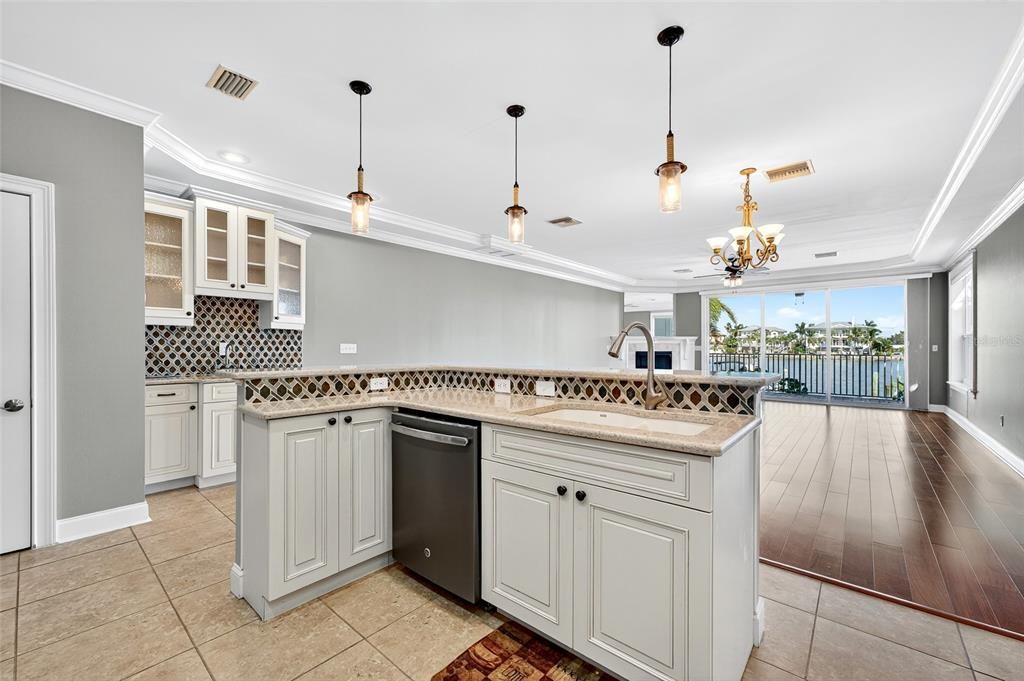 Chandelier, Interior, Kitchen, Pendant Lights, Recessed Lighting, Wood Texture Flooring