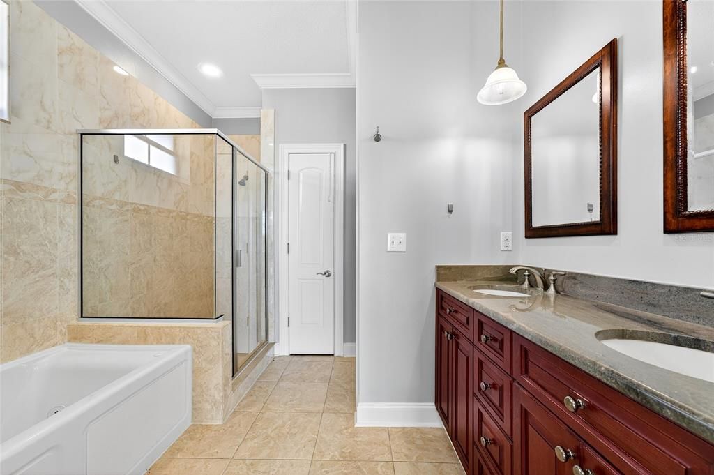 Bathroom, Dual Sink Vanities, Glass Shower, Interior, Pendant Lights, Recessed Lighting