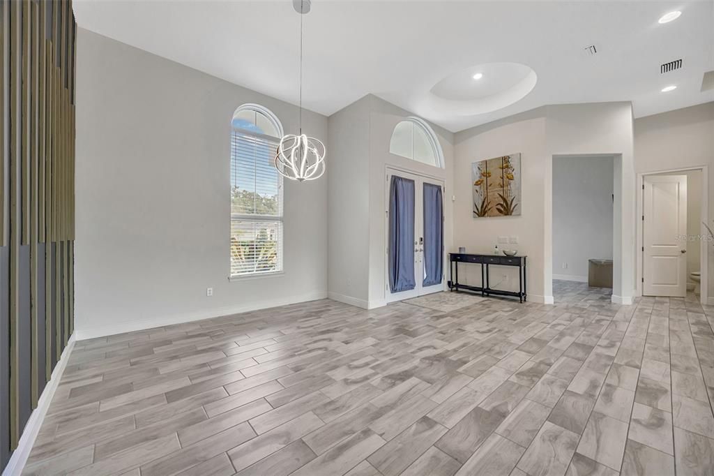 Empty room, Interior, Pendant Lights, Recessed Lighting, Wood Texture Flooring