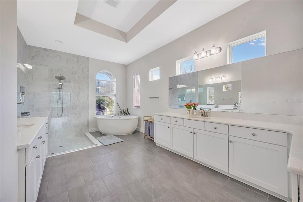 Bathroom, Dual Sink Vanities, Free Standing Baths, Glass Shower, Interior, Marble Walls