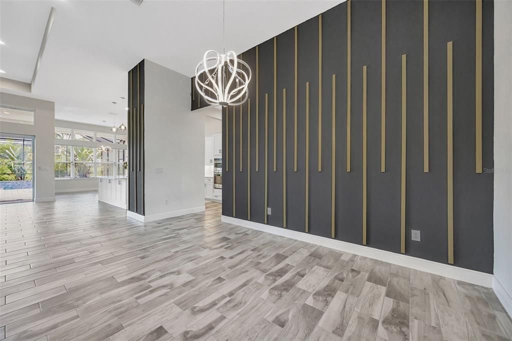 Empty room, Interior, Pendant Lights, Recessed Lighting, Wood Texture Flooring