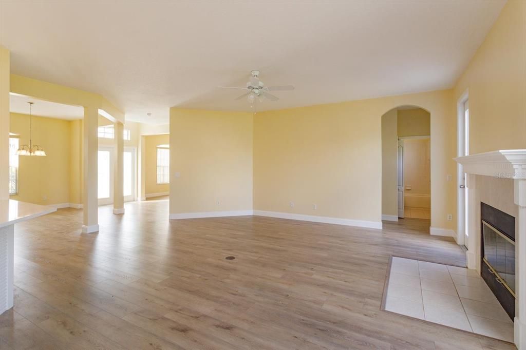 Empty room, Fireplace, Interior, Pendant Lights, Wood Texture Flooring