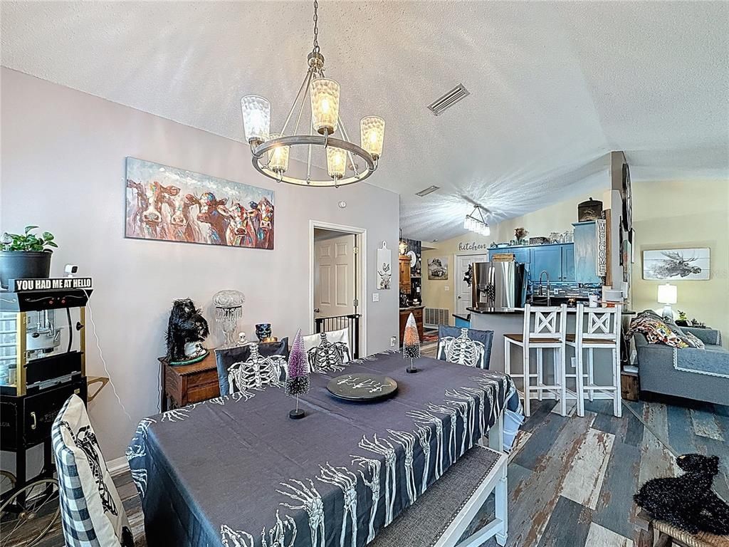 Dining room, Interior, Kitchen, Living room, Pendant Lights, Stainless Steel Appliances, Wood Texture Flooring