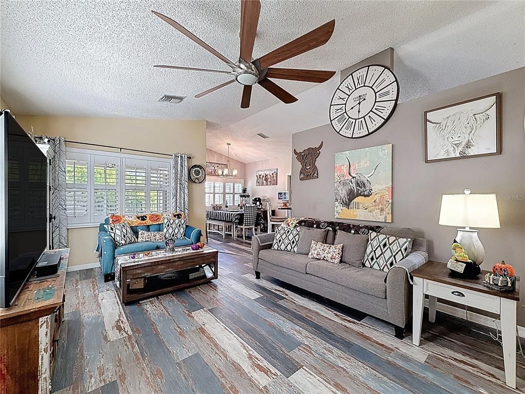 Dining room, Interior, Living room, Pendant Lights, Wood Texture Flooring