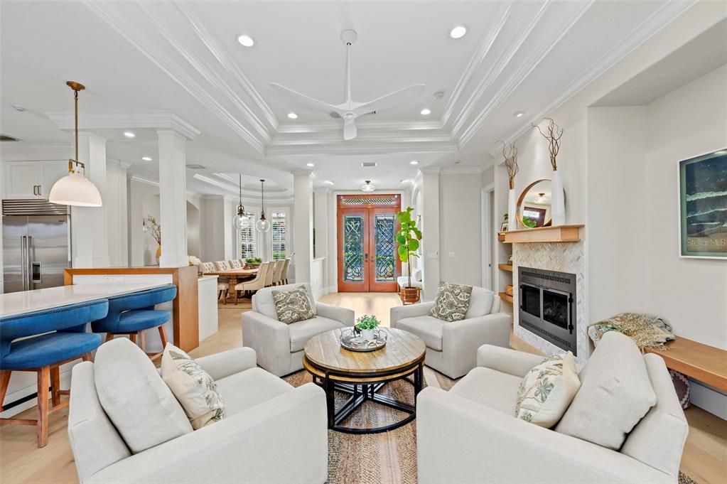 Dining room, Fireplace, Interior, Kitchen, Living room, Pendant Lights, Recessed Lighting, Stainless Steel Appliances, Wood Texture Flooring