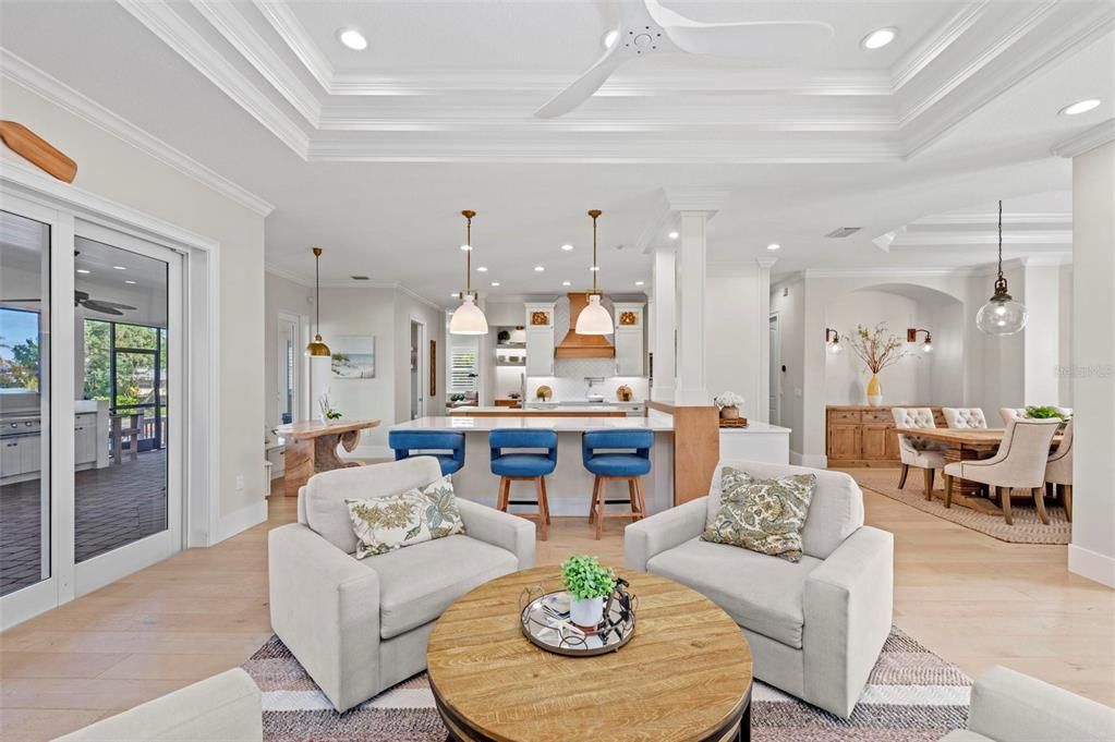 Dining room, Interior, Kitchen, Living room, Pendant Lights, Recessed Lighting, Wood Texture Flooring