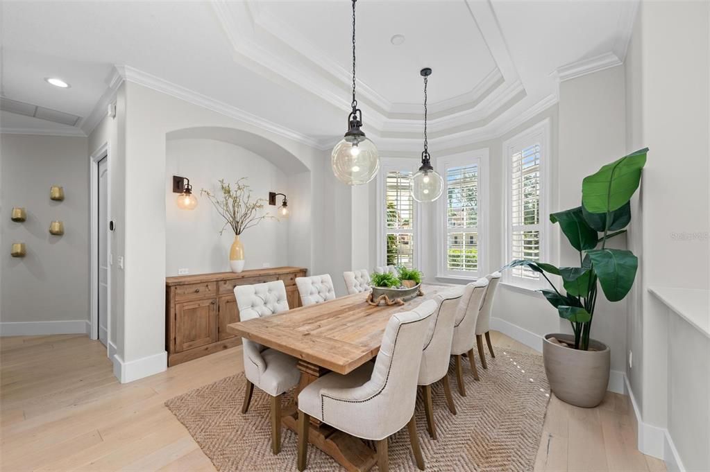 Dining room, Interior, Pendant Lights, Recessed Lighting, Wood Texture Flooring