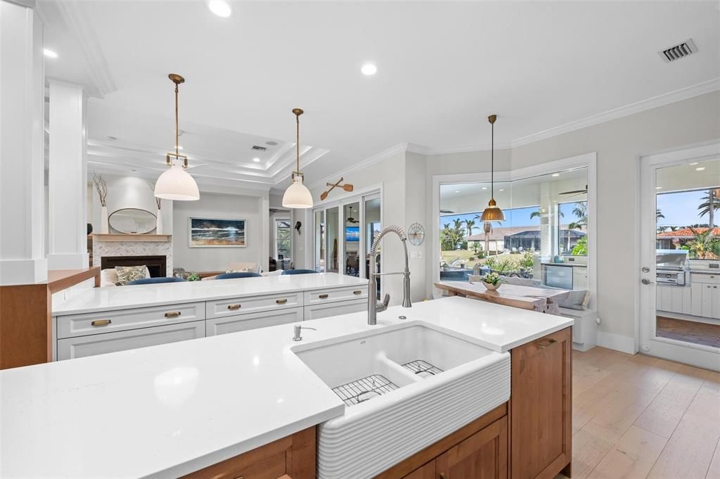 Fireplace, Interior, Kitchen, Pendant Lights, Recessed Lighting, Wood Texture Flooring