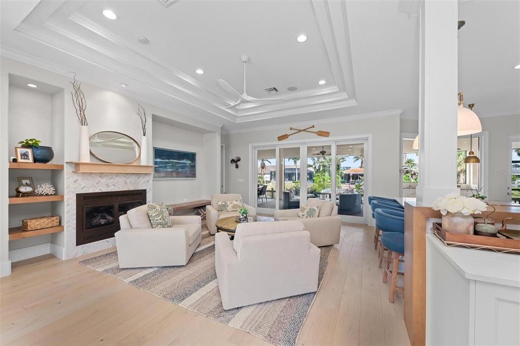 Fireplace, Interior, Living room, Pendant Lights, Recessed Lighting, Wood Texture Flooring