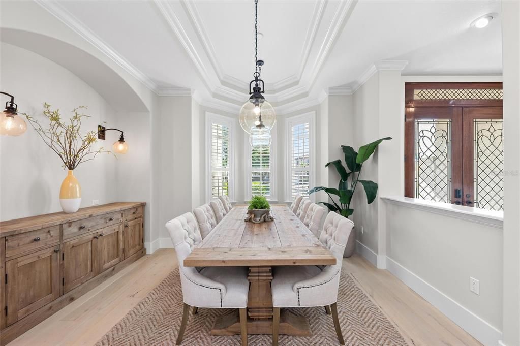 Dining room, Interior, Pendant Lights, Recessed Lighting, Wood Texture Flooring