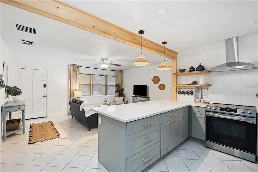 Interior, Kitchen, Living room, Pendant Lights, Stainless Steel Appliances