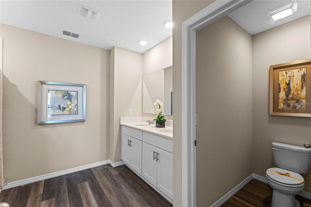 Bathroom, Interior, Recessed Lighting, Wood Texture Flooring