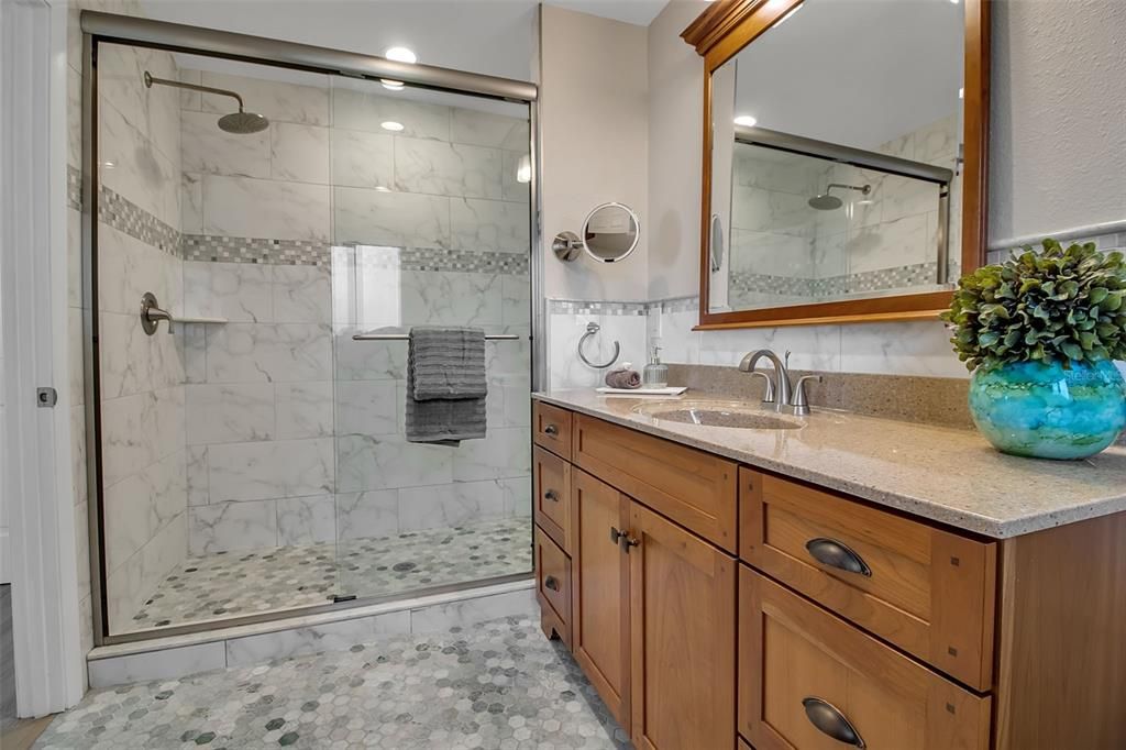 Bathroom, Glass Shower, Interior, Marble Walls, Recessed Lighting