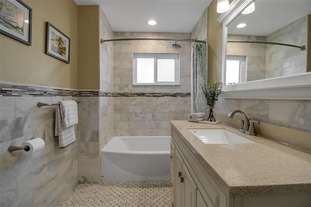 Bathroom, Interior, Marble Walls, Recessed Lighting