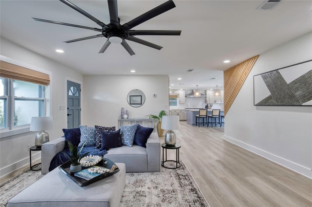 Dining room, Interior, Kitchen, Living room, Pendant Lights, Recessed Lighting, Wood Texture Flooring
