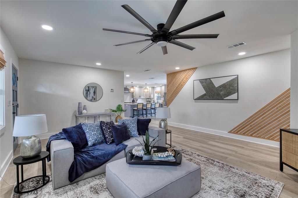 Dining room, Interior, Living room, Pendant Lights, Recessed Lighting, Wood Texture Flooring