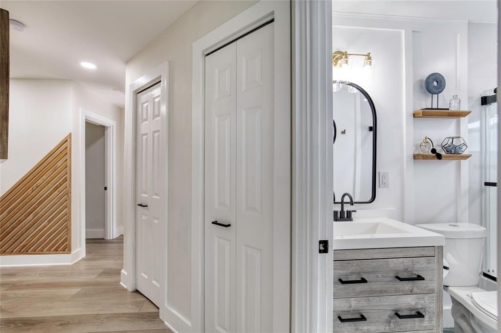 Bathroom, Interior, Recessed Lighting, Wood Texture Flooring