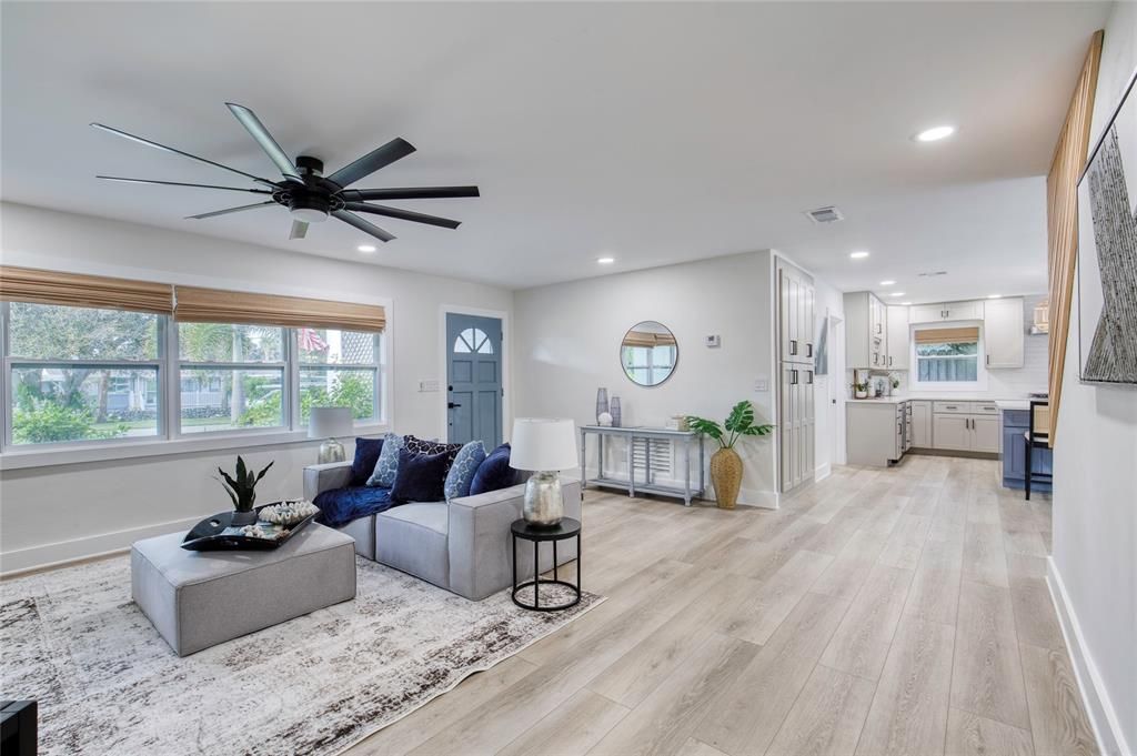 Interior, Kitchen, Living room, Recessed Lighting, Wood Texture Flooring