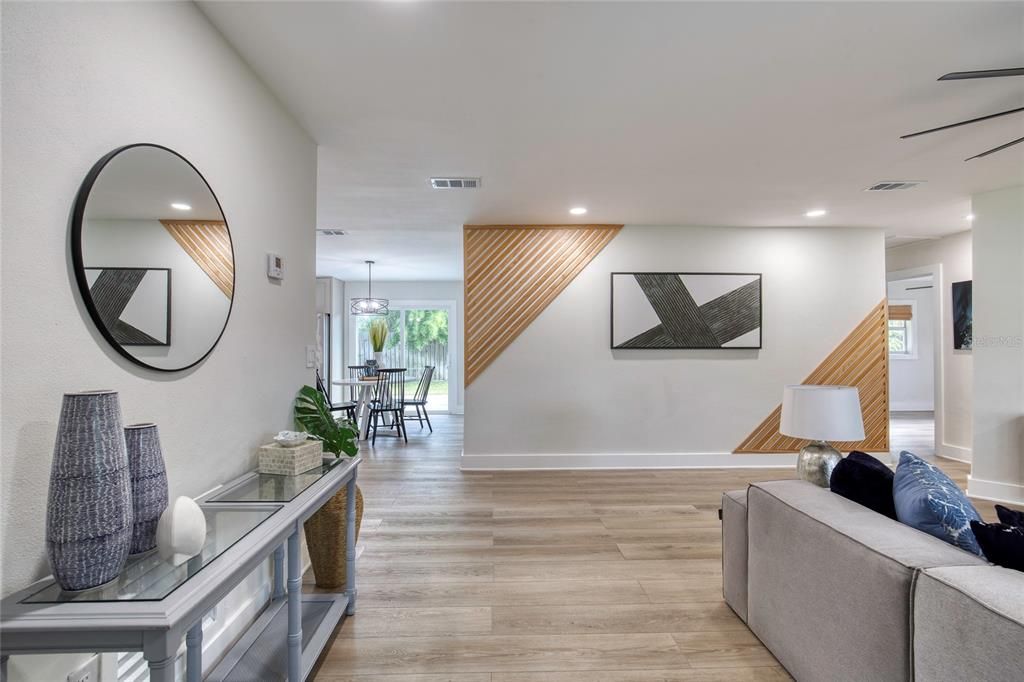 Dining room, Interior, Pendant Lights, Recessed Lighting, Wood Texture Flooring