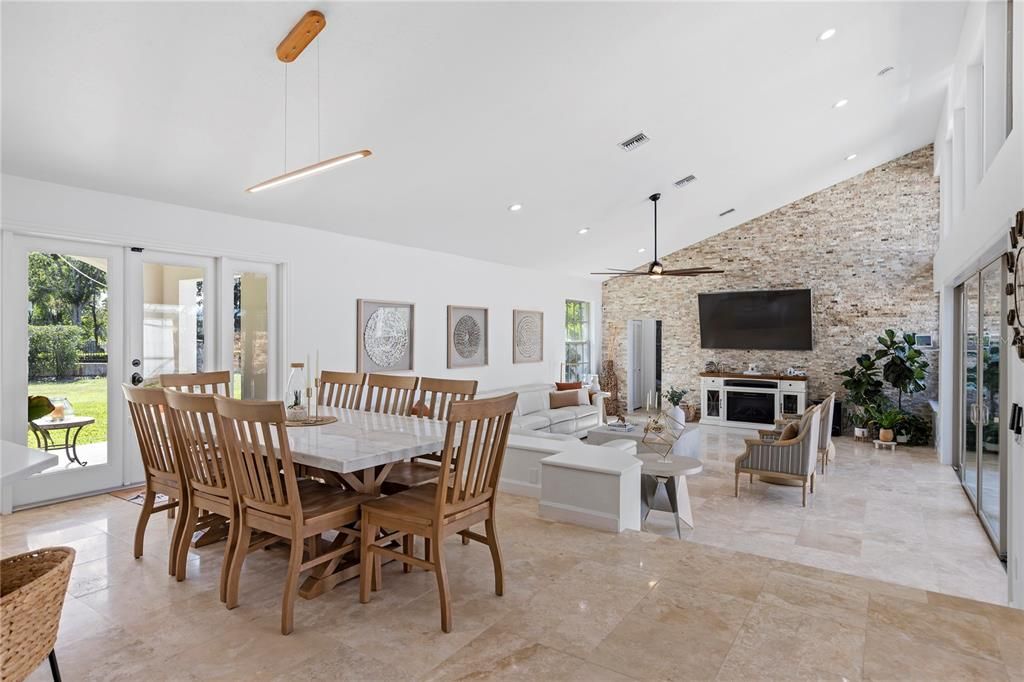 Dining room, Fireplace, Interior, Living room, Pendant Lights, Recessed Lighting, Stone Walls