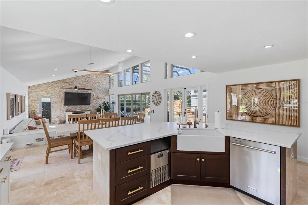 Dining room, Fireplace, Interior, Kitchen, Pendant Lights, Recessed Lighting, Stone Walls