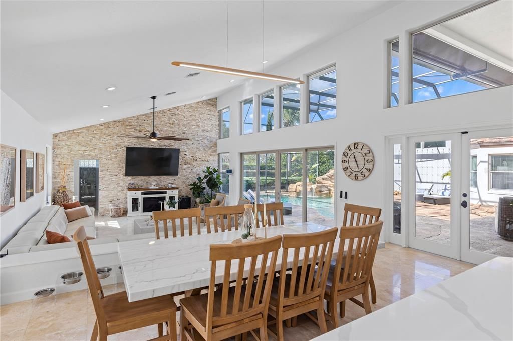 Dining room, Fireplace, Interior, Pendant Lights, Recessed Lighting, Stone Walls