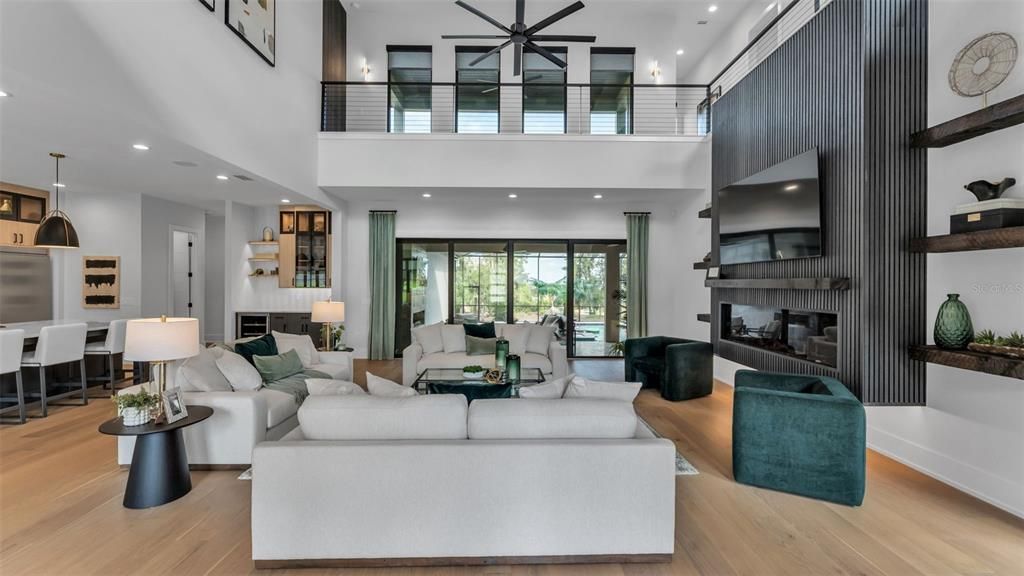 Fireplace, Interior, Living room, Pendant Lights, Recessed Lighting, Wood Texture Flooring