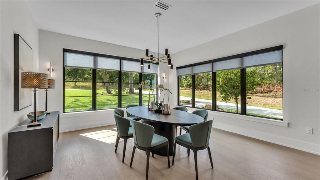 Dining room, Interior, Pendant Lights, Wood Texture Flooring