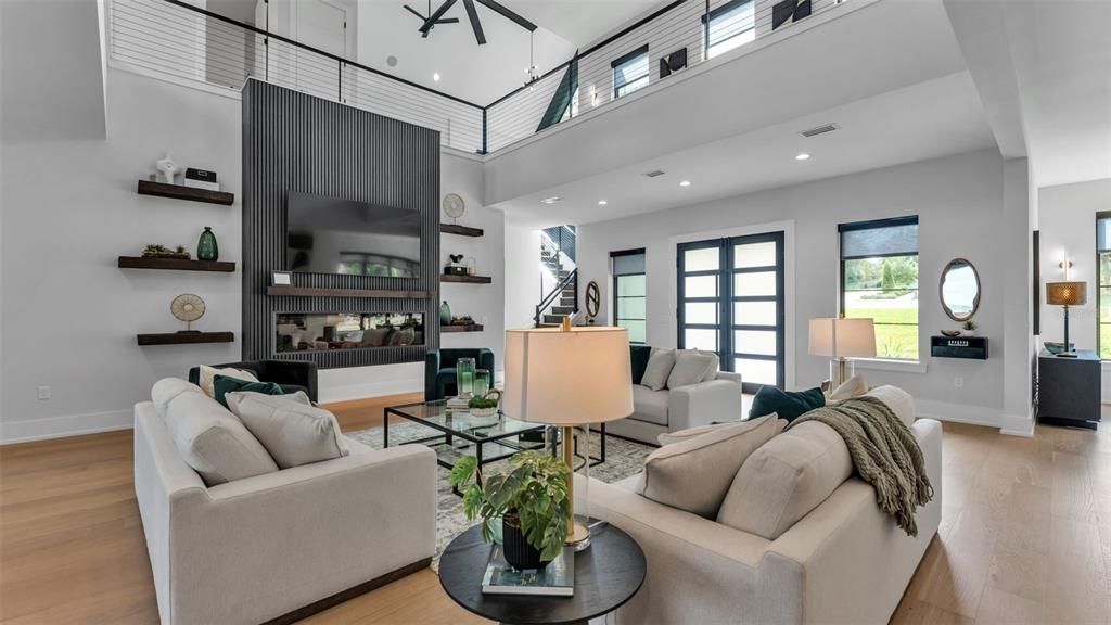 Fireplace, Interior, Living room, Recessed Lighting, Wood Texture Flooring