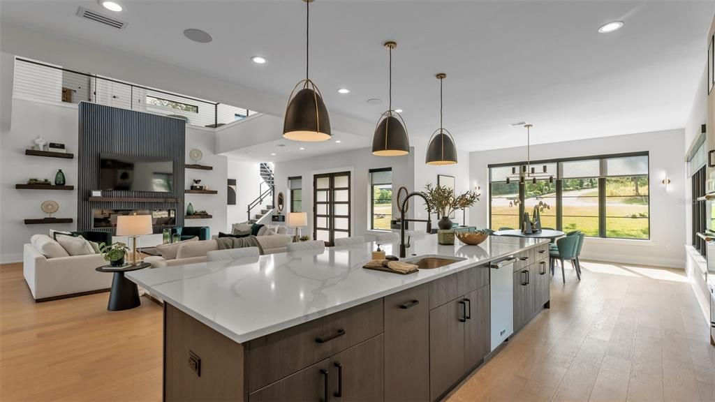 Dining room, Fireplace, Interior, Kitchen, Living room, Pendant Lights, Recessed Lighting, Wood Texture Flooring