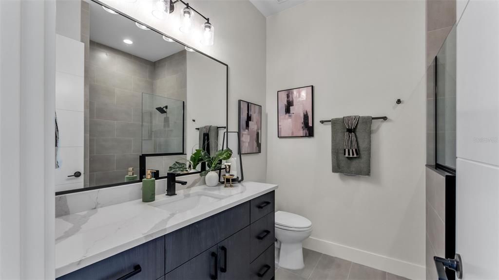 Bathroom, Dual Sink Vanities, Interior, Recessed Lighting, Wood Texture Flooring