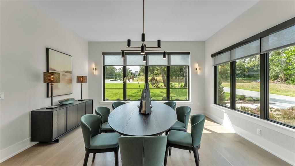 Dining room, Interior, Pendant Lights, Wood Texture Flooring
