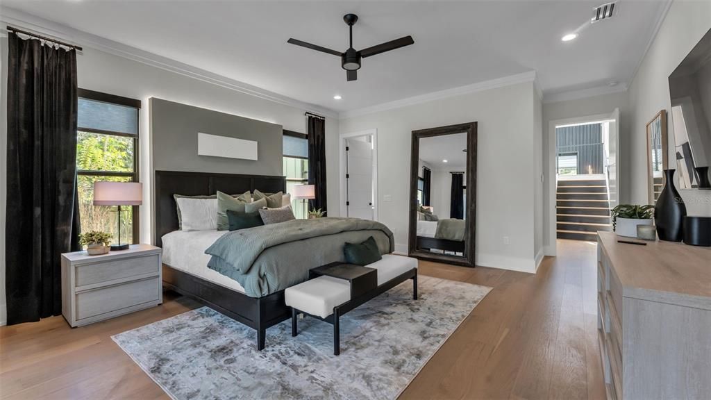 Bedroom, Interior, Recessed Lighting, Wood Texture Flooring