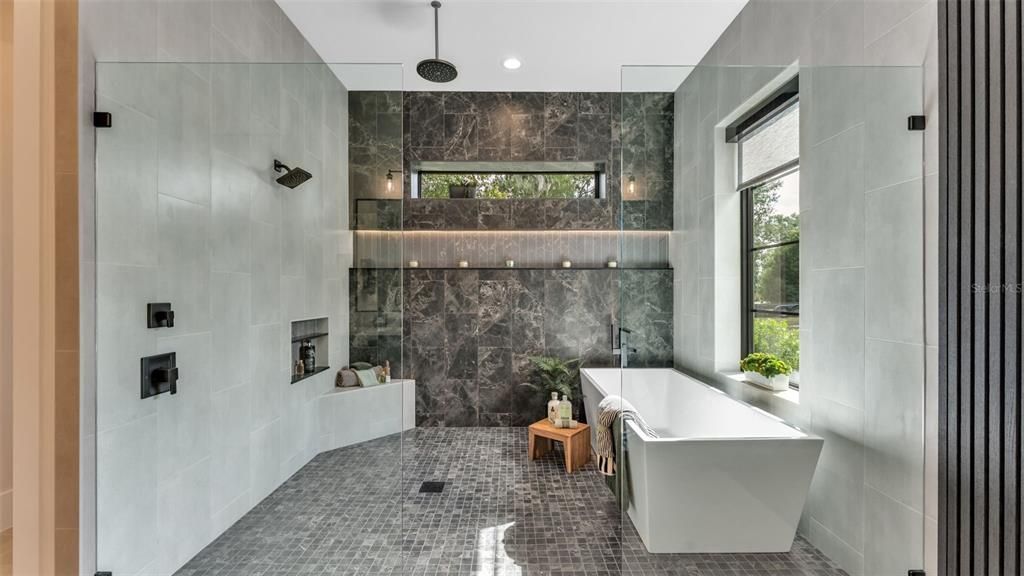 Bathroom, Free Standing Baths, Interior, Marble Walls, Recessed Lighting