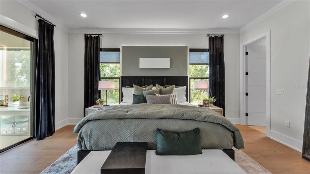 Bedroom, Fireplace, Interior, Recessed Lighting, Wood Texture Flooring