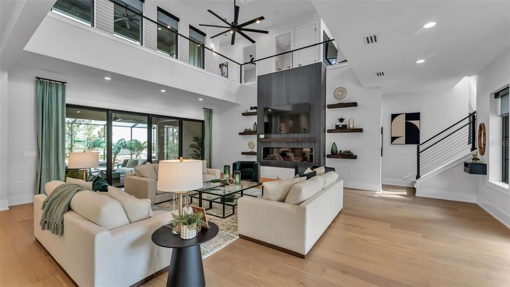 Fireplace, Interior, Living room, Recessed Lighting, Wood Texture Flooring