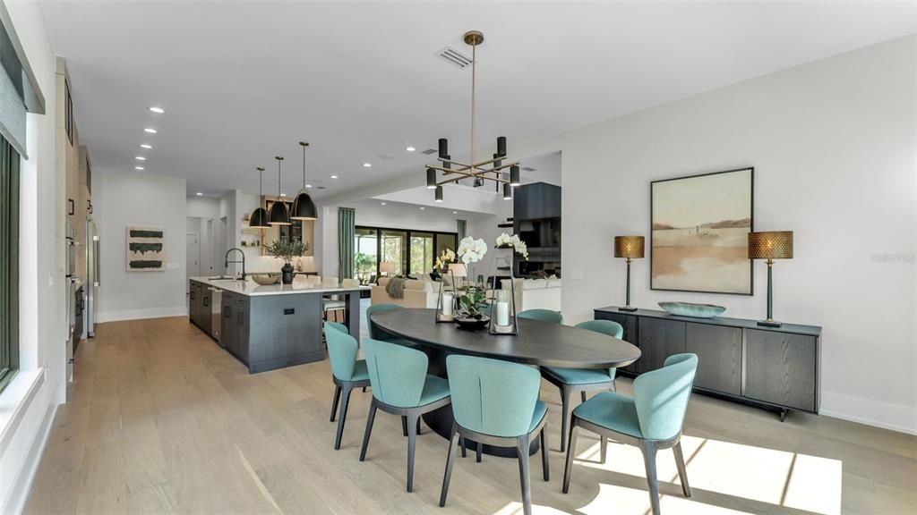 Dining room, Interior, Kitchen, Pendant Lights, Recessed Lighting, Stainless Steel Appliances, Wood Texture Flooring