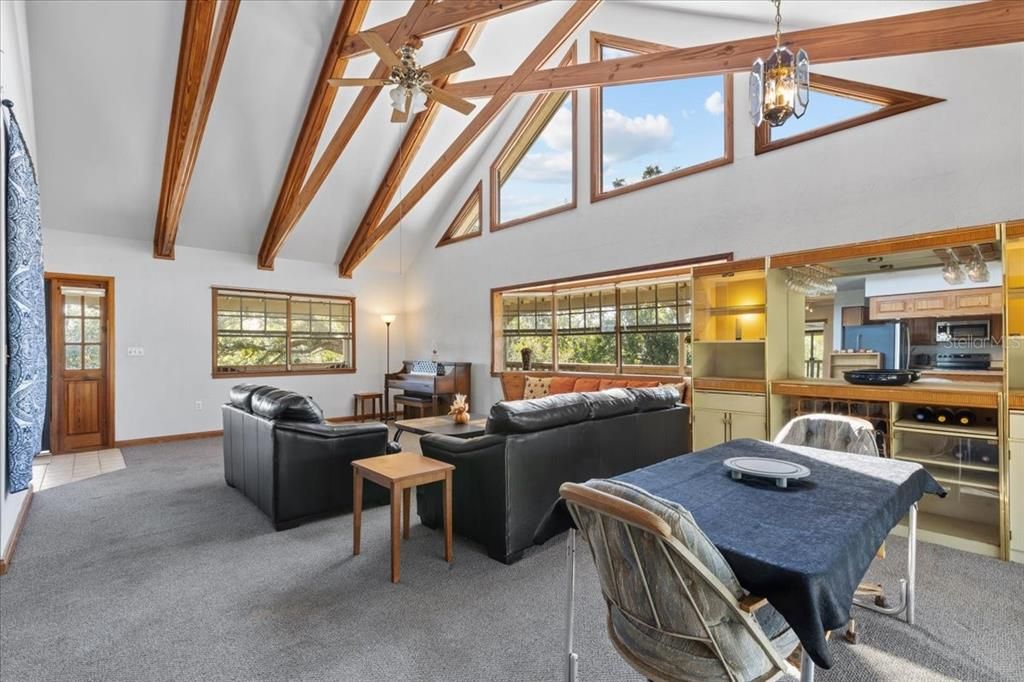 Dining room, Interior, Kitchen, Living room, Pendant Lights, Wooden Beams