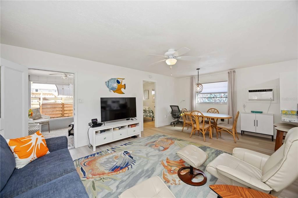 Dining room, Interior, Living room, Pendant Lights, Wood Texture Flooring