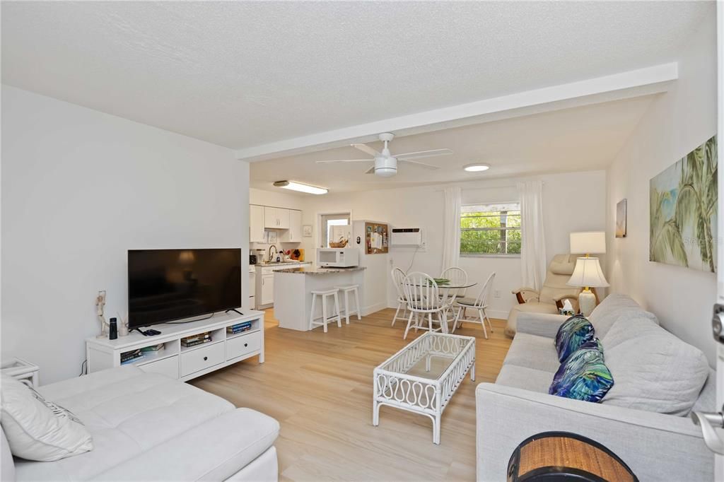 Dining room, Interior, Kitchen, Living room, Recessed Lighting, Wood Texture Flooring