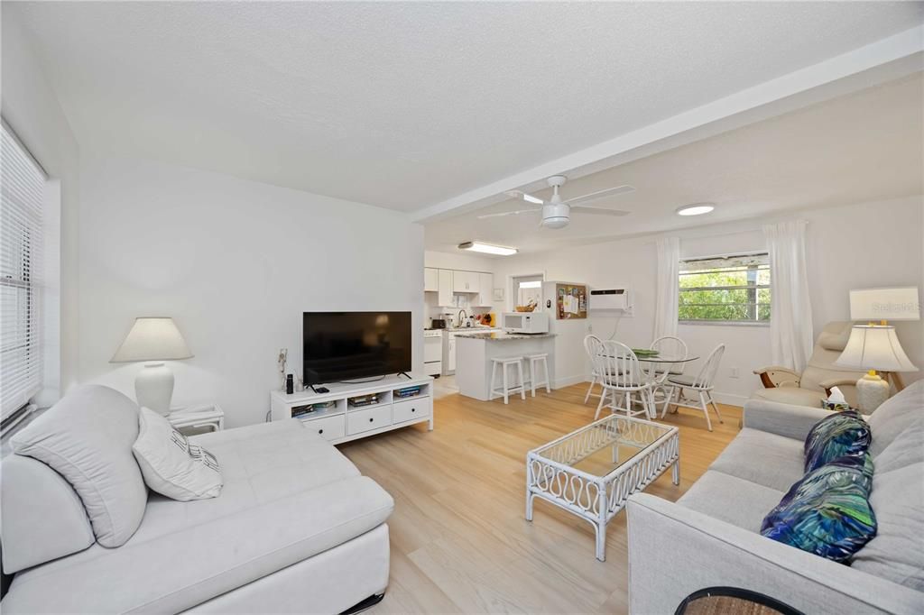 Dining room, Interior, Kitchen, Living room, Recessed Lighting, Wood Texture Flooring