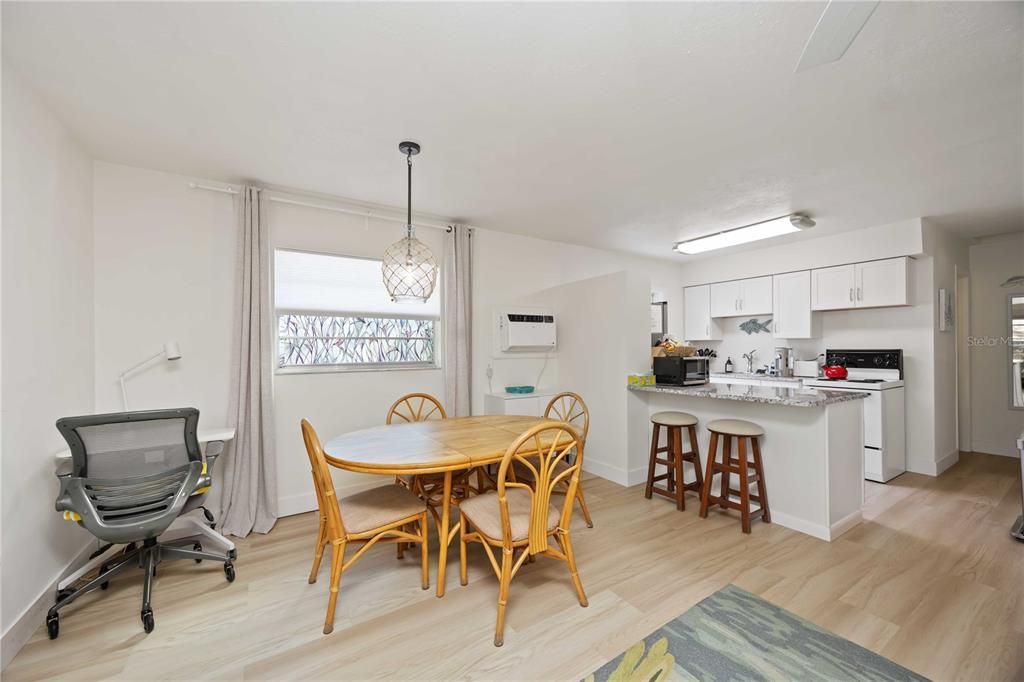 Dining room, Interior, Kitchen, Pendant Lights, Wood Texture Flooring