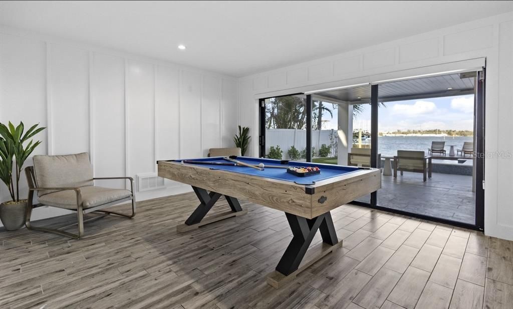 Billiard Table, Game Room, Interior, Recessed Lighting, Water, Wood Texture Flooring