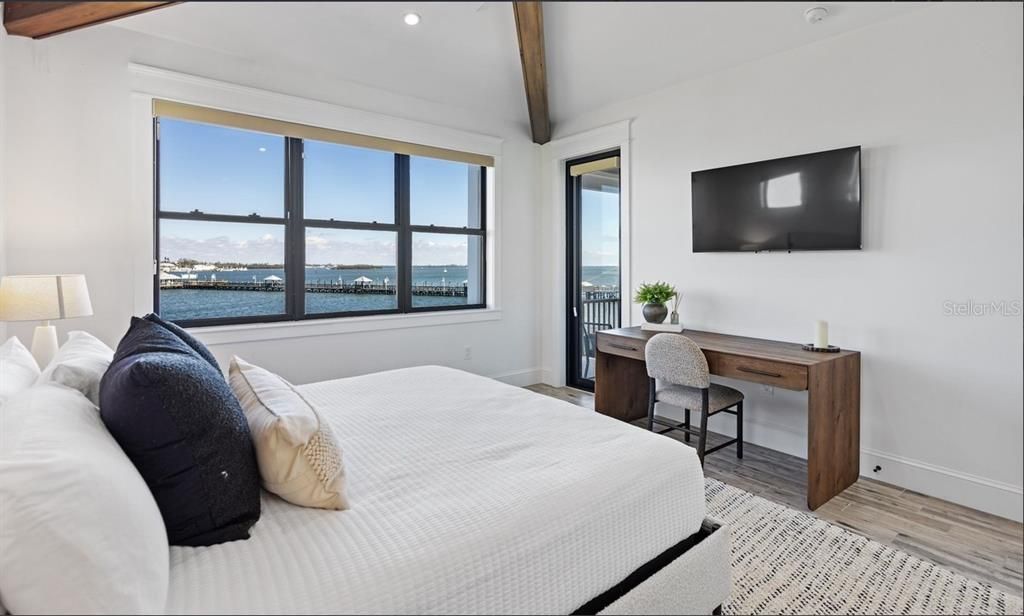 Bedroom, Home Office, Interior, Recessed Lighting, Water, Wooden Beams, Wood Texture Flooring